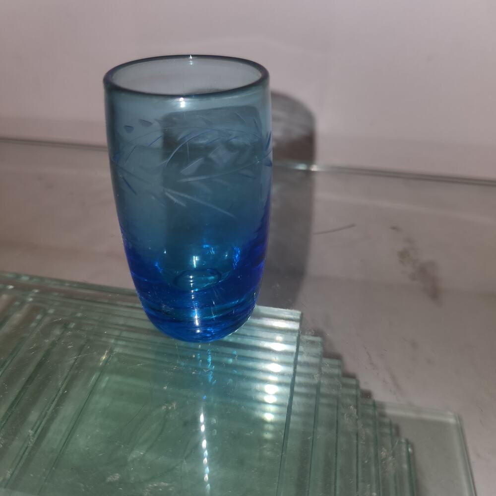 Vintage Blue Etched Shot Glass